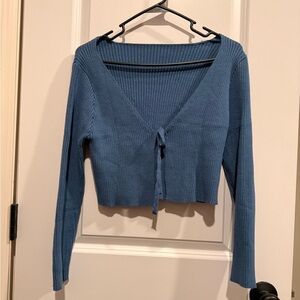 Blue Ribbed Knit Tie-Front Cardigan